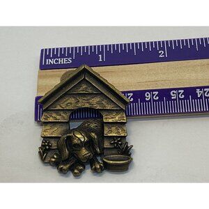 VTG Hound Dog Doghouse Brooch Pin With Bone Dish Bowl Flowers Signed CRA Bronze